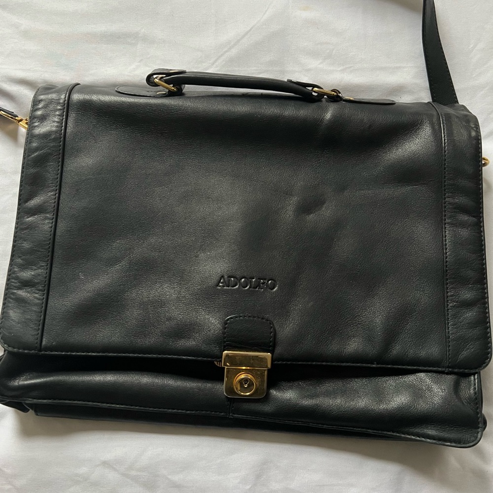 Adolfo Black real black Leather Messenger Bag